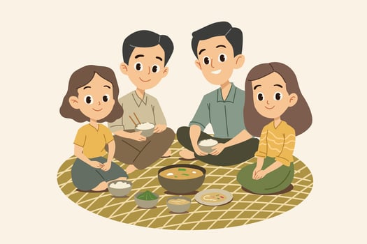Family sitting on mat sharing traditional meal flat illustration for cultural lifestyle home dining and happy togetherness concept vector
