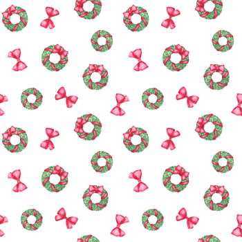 Seamless watercolor Christmas pattern with hand-painted green wreaths and red bows. Perfect for festive wrapping paper, holiday cards, fabric designs, and seasonal decorations. png