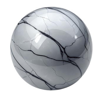 sphere of A light gray marble with streaks of shiny black graphite., isolated on a transparent background png