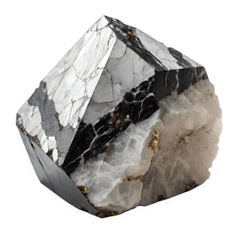 A dense quartz rock with black wolframite streaks, metallic sheen, isolated on a transparent background png