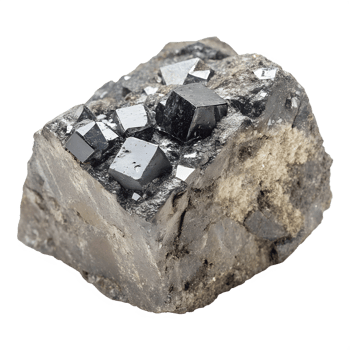 A heavy, lead-gray rock with cubic galena crystals, metallic sheen. On transparent background png