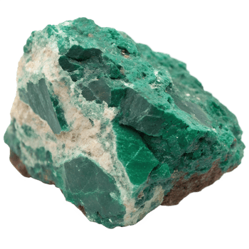 A host rock with green, fibrous malachite filling fractures and coating surfaces. transparent background png