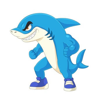 Angry blue shark cartoon wearing shoes vector