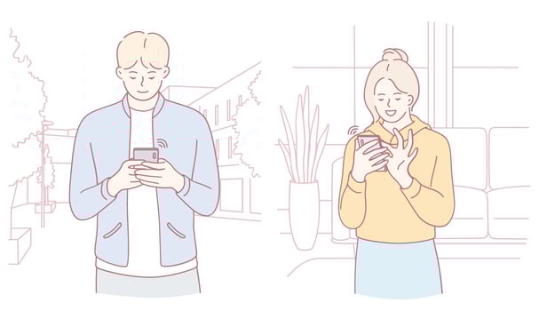 Two people are engrossed in their smartphones in different settings around them vector