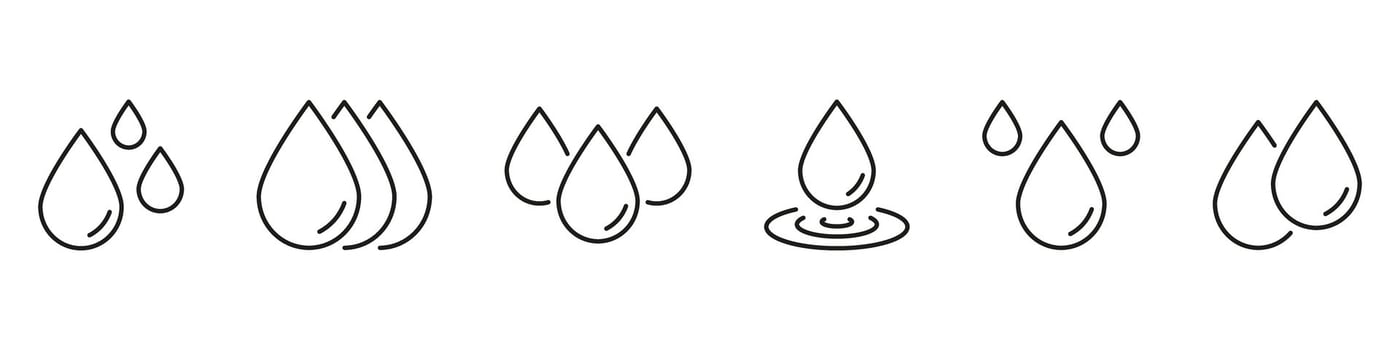 Water Droplets Line Icon Set. Hydration, Purity, And Liquid Symbol Collection. Environmental And Fluid Dynamics Representation. Editable Stroke. Isolated Illustration vector