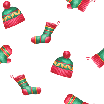 Seamless watercolor pattern with cozy winter accessories socks, mittens, and hats in festive green and red colors. Hand painted holiday design perfect for wrapping paper, textile prints, scrapbookin png