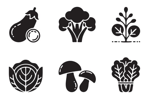 Simple Black and White Icons of Various Vegetables and Mushrooms vector
