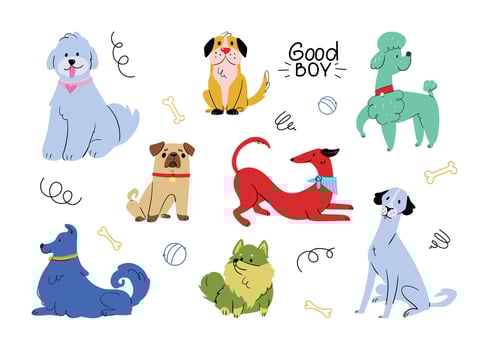 Colorful cartoon dogs in various poses vector