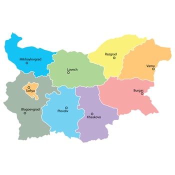Map of Bulgaria with division to region on color. With city's name in region. Flat design with national flag illustration. vector