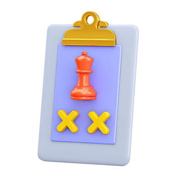 Blue 3D clipboard with X marks and red chess king for critical decision review. Represents high-level strategic planning and assessment. png