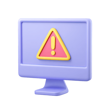Purple 3D computer monitor with orange warning triangle for system alert error or important notification. Highlights critical software issues. png