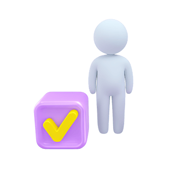 3D icon figure by large cube with yellow checkmark. Symbolizes choice, decision making, selection process, agreement, positive confirmation for many apps. png