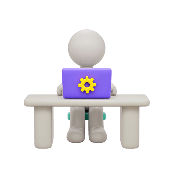 3D icon figure at desk with laptop showing gear. Represents office work, productivity, tech support, system config, business ops for modern workplaces. png