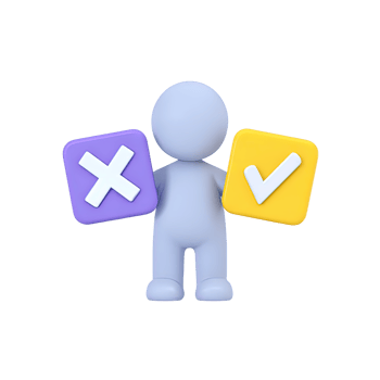 3D icon figure chooses between purple cross, yellow checkmark. Symbolizes critical decisions, dilemma, approval vs rejection, evaluating options carefully. png