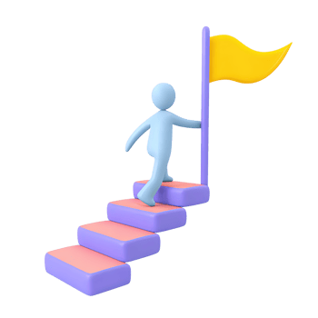 Stylized 3D icon person climbs unique block stairs to flag. Symbolizes overcoming obstacles, achieving targets, steady advancement. Great for growth themes. png