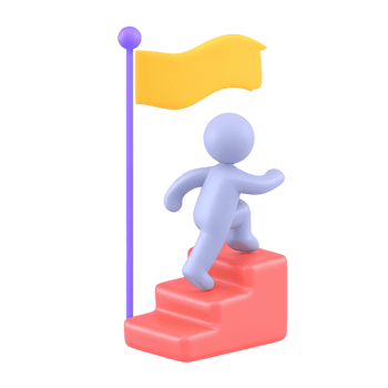 3D icon stylized figure climbs stairs to yellow flag. Represents ambition, goal achievement, career progress, success journey. Motivational visual for talks. png