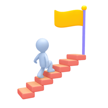 3D icon figure ascends long stairs to flag. Illustrates perseverance, long term goals, continuous improvement, path to major accomplishments in life biz. png