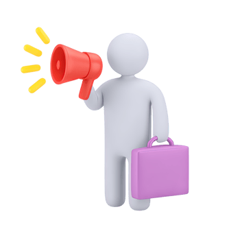 3D icon character holds briefcase and red megaphone. Represents key business communication, marketing alerts, corporate news, influential leadership roles. png