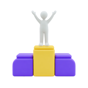 3D icon figure celebrates, arms raised on winner's podium. Signifies first place, triumph, victory in competition, achieving top honors, major success. png