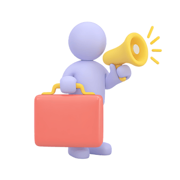 3D icon figure with briefcase and megaphone. Symbolizes business announcements, marketing comms, public speaking, promotional acts for impactful messages. png
