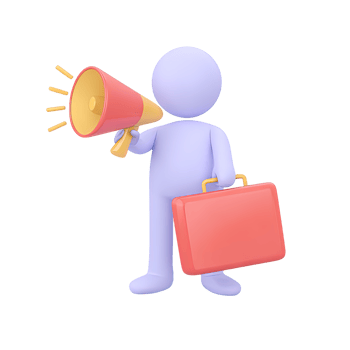 Dynamic 3D icon figure with red briefcase, yellow megaphone. Illustrates urgent announcements, strategic marketing, broadcasting info, assertive biz comms. png