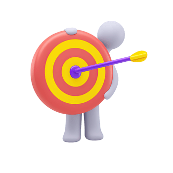 3D icon character holds target with arrow in bullseye. Illustrates personal achievement, focused goals, successful outcomes, strategic accomplishment. png