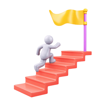 3D icon figure runs up stairs to flag. Represents rapid career progress, ambition, achieving goals quickly, determination, dynamic move to success. png