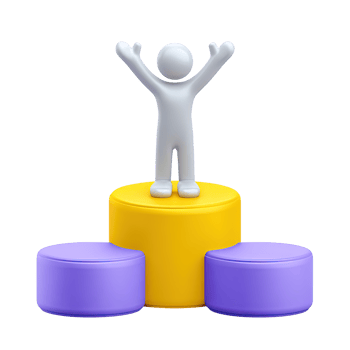 3D icon character with arms up on yellow purple winner's podium. Represents accomplishment, contest success, top spot, celebrating significant victory. png