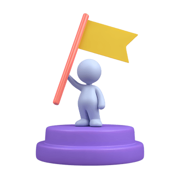 3D icon character on stepped podium with flag. Represents winning first place, achieving major goals, celebrating success, recognition for performance. png