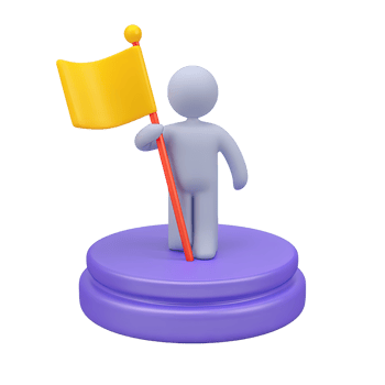 Elegant 3D icon figure atop podium with flag. Signifies triumph, reaching pinnacle, success in competition, being number one, ultimate recognition. png