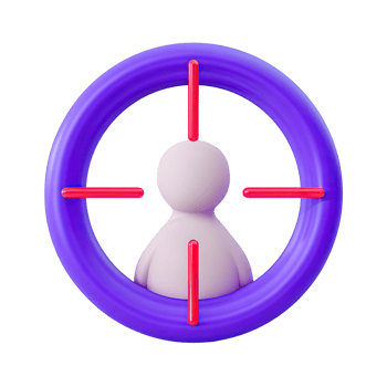 3D icon purple red target, stylized person in bullseye. Symbolizes precise audience targeting, market focus, personalization, strategic customer engagement. png