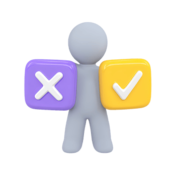 3D icon figure holds purple cross and yellow checkmark. Represents evaluation, comparison, selection processes, making informed decisions on contrasts. png