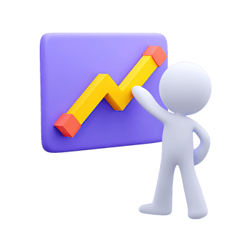 3D icon figure points to rising graph on board. Symbolizes business growth, financial success, data analysis, positive trends, strategy presentations. png