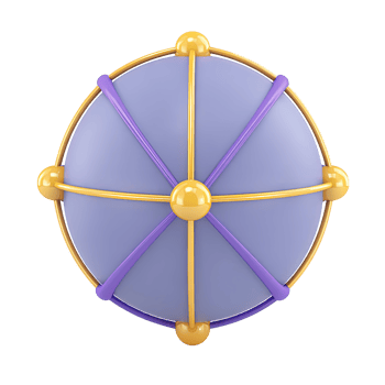 Stylized 3D globe icon purple surface, golden radial lines. Signifies global reach, worldwide networking, centralized connections, expansive comms nets. png
