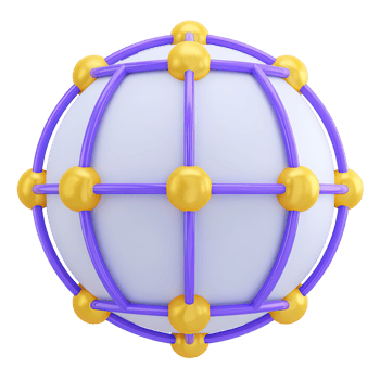 3D globe icon interconnected gold nodes, purple lines. Represents global networks, worldwide comms, internet connectivity, intl business, tech systems. png