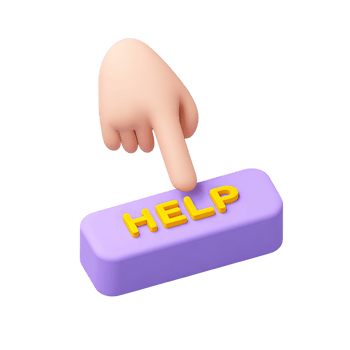 Hand pointing at purple HELP button a 3D rendered icon for user interface click action requesting customer support or seeking urgent assistance online png