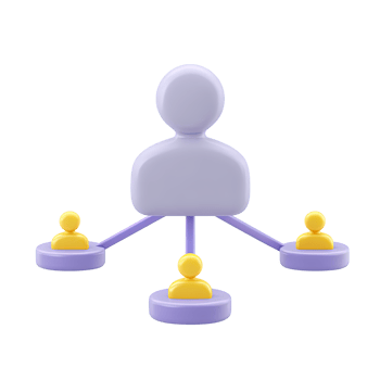 3D icon of central figure connected to smaller ones depicting network hierarchy and structure. Great for team leadership and collaboration. png