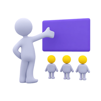 Figure pointing to blank board with audience a 3D rendered icon for teaching explanation presentation instruction or team briefing session png