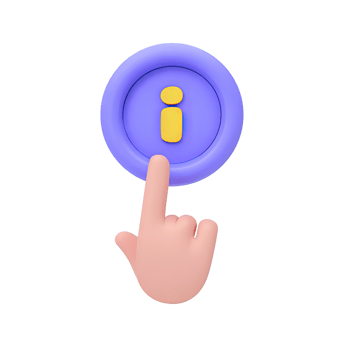Hand pointing at information i button a 3D rendered icon for clicking to get help details online query or user interface info access png
