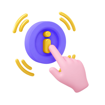 Hand touching information i button with action waves a 3D rendered icon for interactive help tapping for details or activating info png