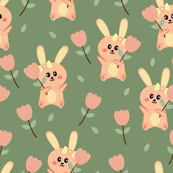 Seamless pattern cartoon bunny hold pink flower. cute animal pattern for wallpaper, background and gift wrap paper vector
