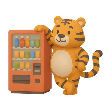 Playful tiger character with vending machine 3d render transparent background fun environment whimsical viewpoint png