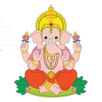 Flat or lowbrow style illustration of Ganesha, the elephant-headed Hindu god, in a cute and symbolic design. Ideal for spiritual, cultural, festive, or religious-themed art and design content. vector