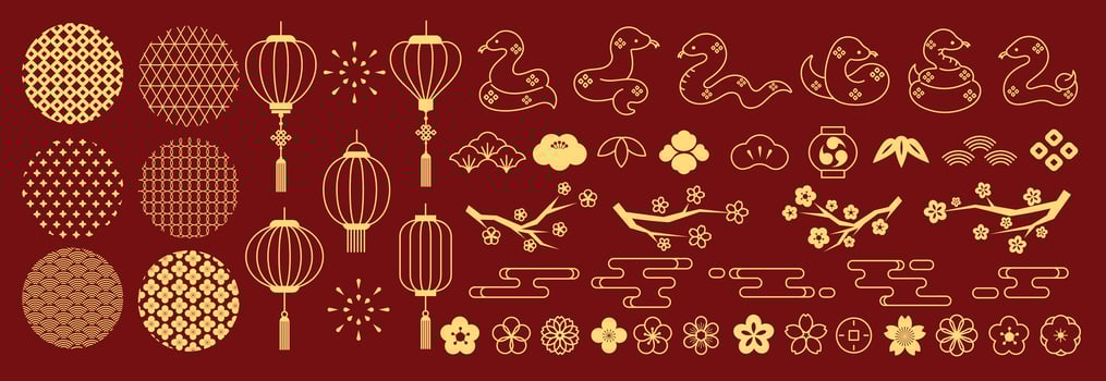 Happy Chinese new year. Year of the snake collection with flower, lantern, pattern cherry blossom on red background. vector