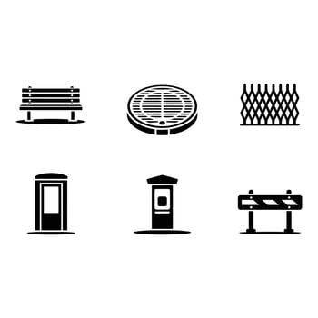 Urban Infrastructure Icons Park Bench Manhole Cover Fence Kiosk and Barrier vector