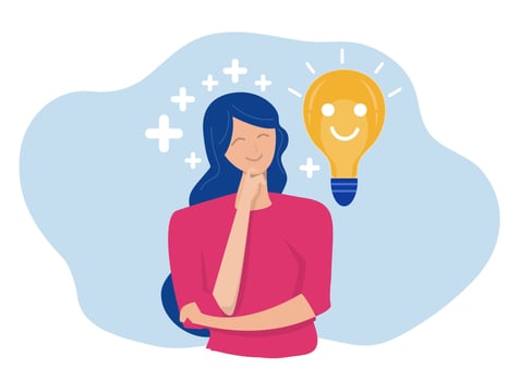 Positive thinking, optimistic mindset or good attitude happy woman smiling lightbulb idea with positive vibes around vector