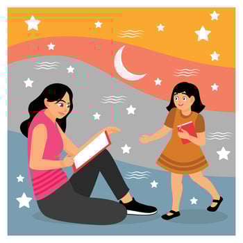 Mother and Daughter Reading Together Under a Starry Sky. vector