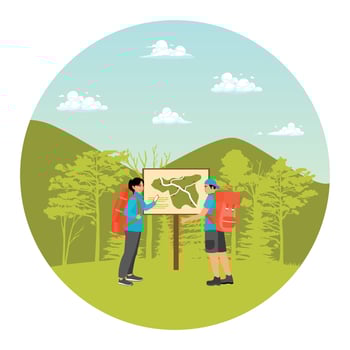 Romantic Young Couple Checking Hiking Route Map on Beautiful Mountain. vector