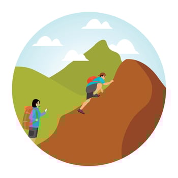 Young Couple Climbing Mountain with Backpacks and Outdoor Gear. vector