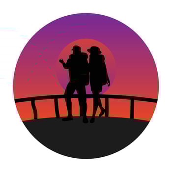 Silhouette of Couple on Journey Travel Trek During a Vibrant Sunset Evening. vector